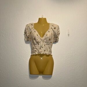 Eyeshadow Floral Cream Puff Sleeve Smocked Crop Top Lace Trim Boho Cottagecore M